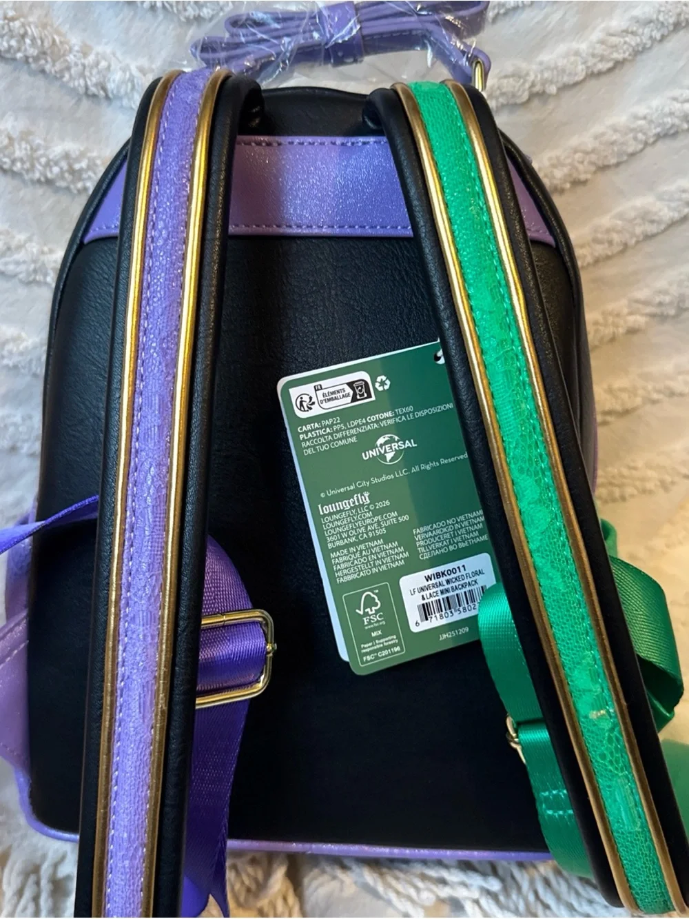 Loungefly Wicked Floral Embroidered Mini Backpack Black Purple Green Gold Zip